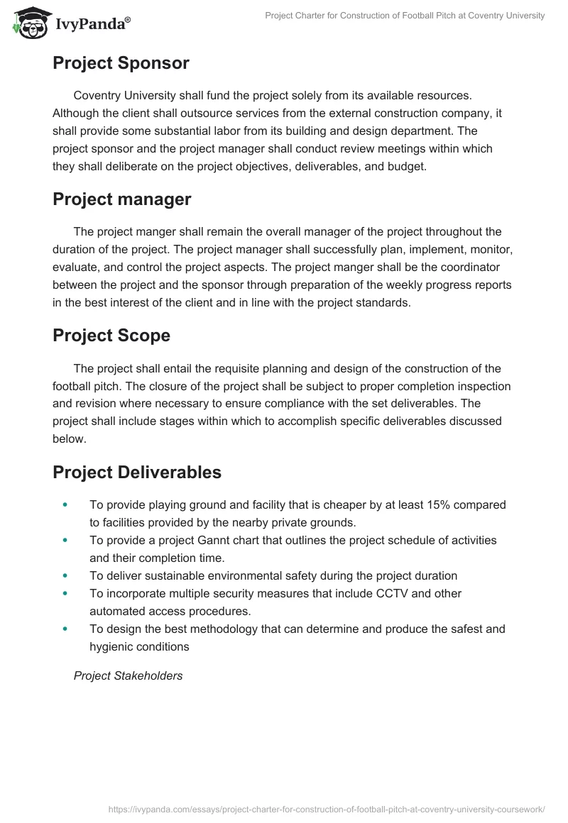 Project Charter for Construction of Football Pitch at Coventry University. Page 4