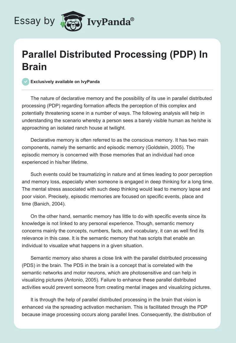 Parallel Distributed Processing (PDP) in Brain. Page 1