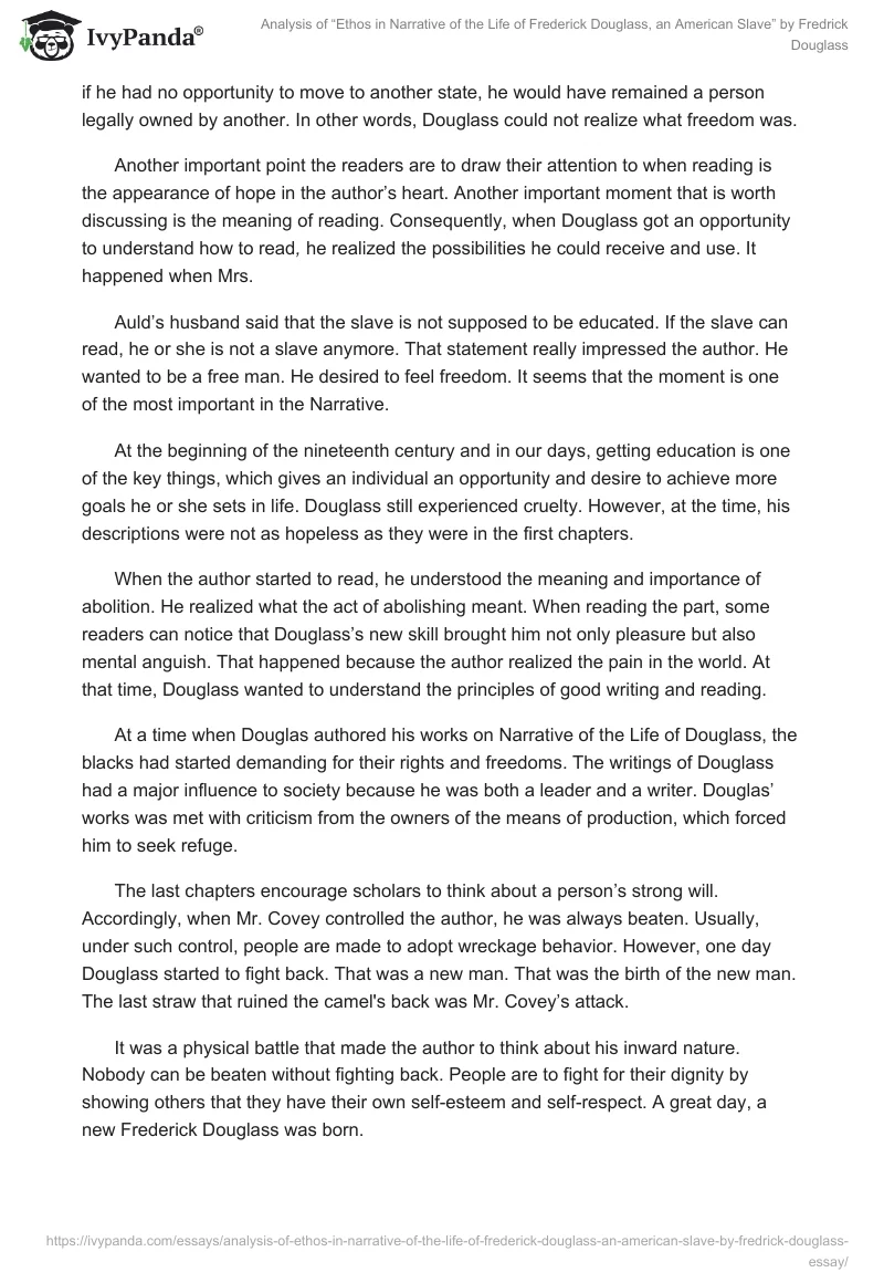 Analysis of “Ethos in Narrative of the Life of Frederick Douglass, an American Slave” by Fredrick Douglass. Page 2