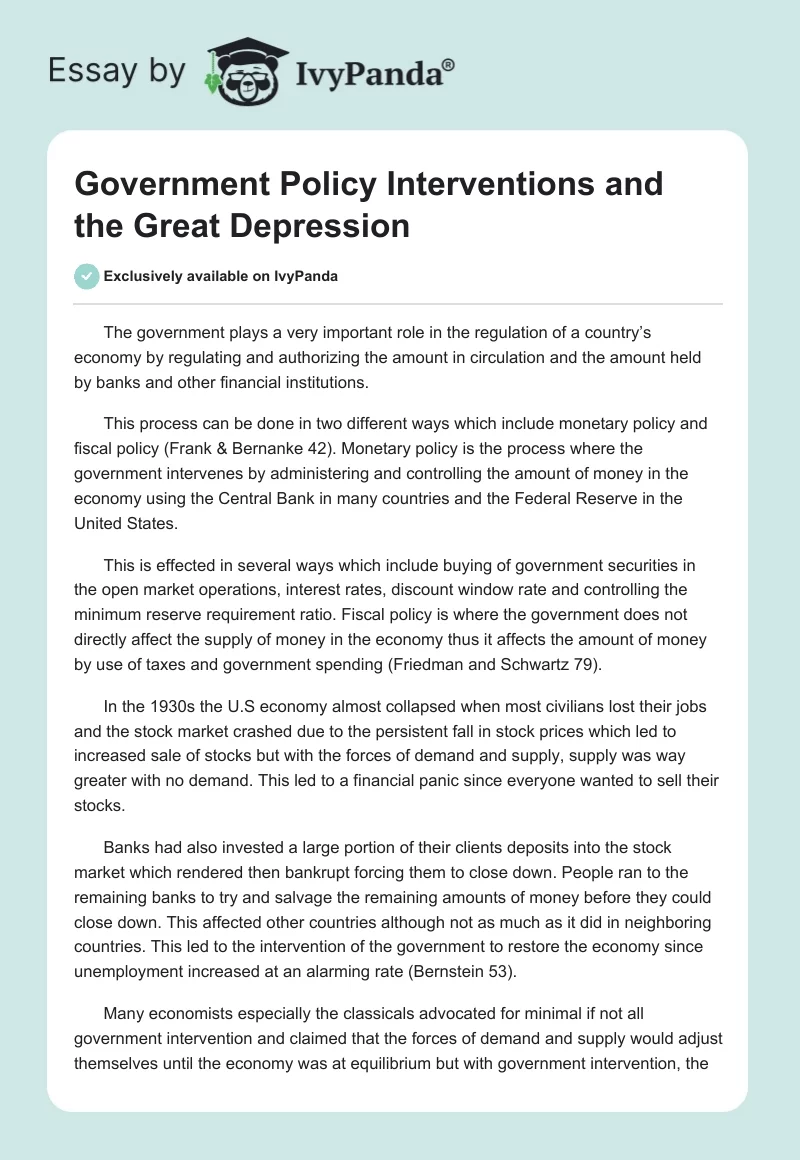 Government Policy Interventions and the Great Depression. Page 1