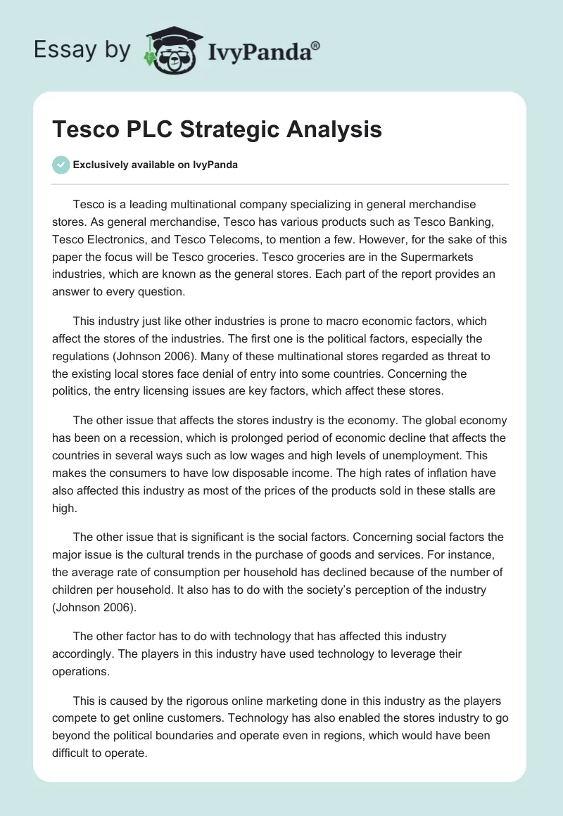 Tesco PLC Strategic Analysis. Page 1