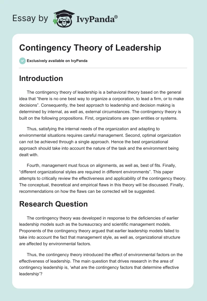 contingency theory of leadership research paper