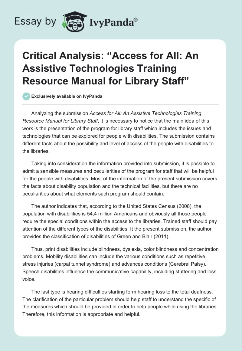 Critical Analysis: “Access for All: An Assistive Technologies Training Resource Manual for Library Staff”. Page 1