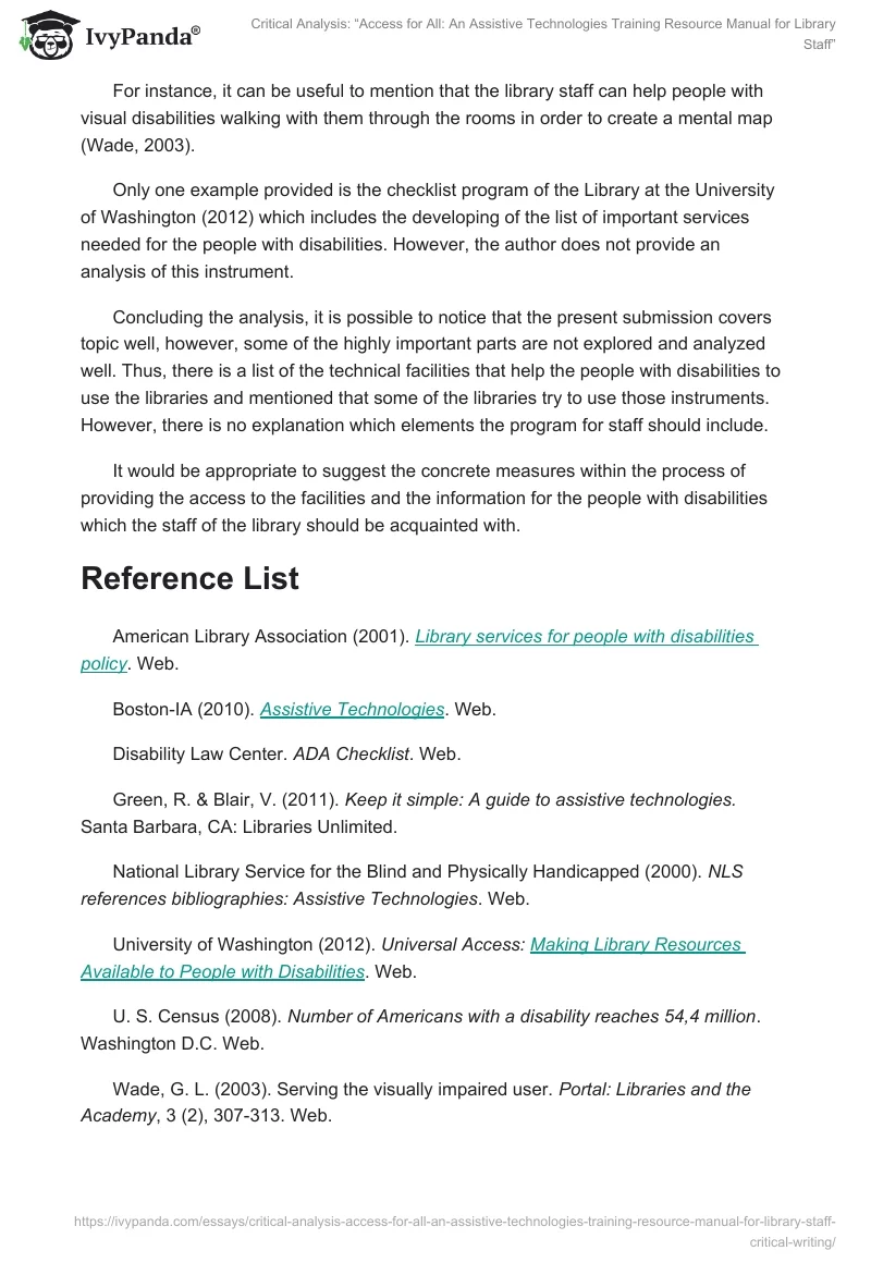 Critical Analysis: “Access for All: An Assistive Technologies Training Resource Manual for Library Staff”. Page 3