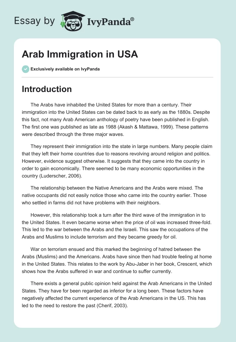 Arab Immigration in USA. Page 1