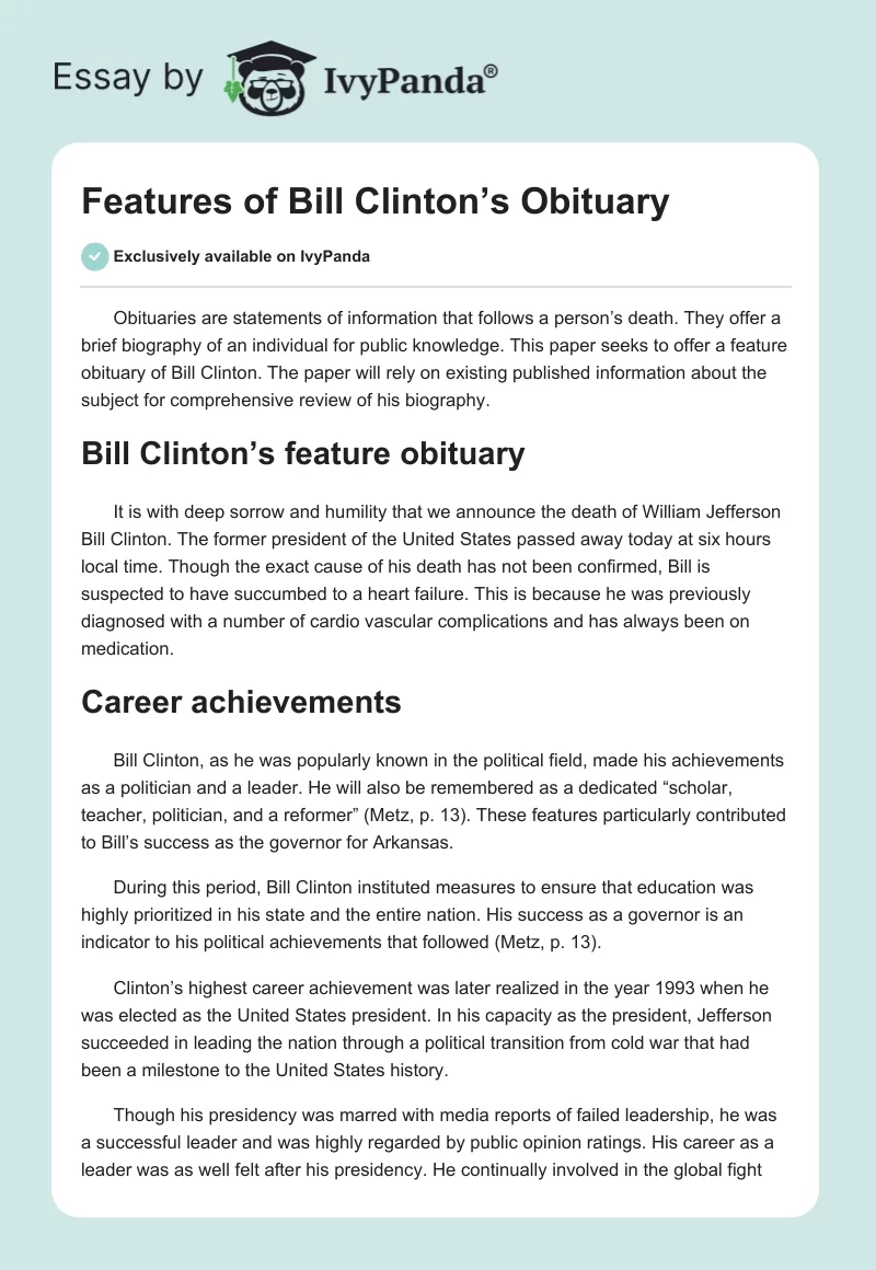 Features of Bill Clinton’s Obituary. Page 1