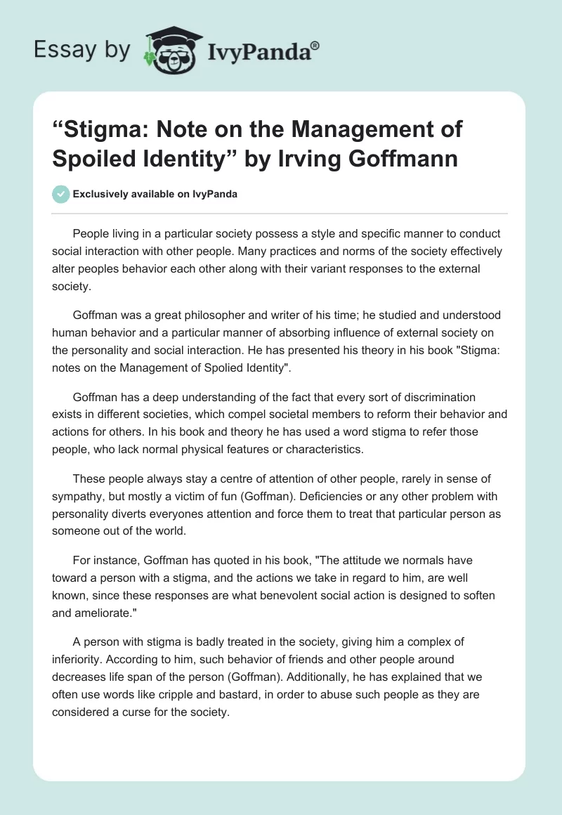 “Stigma: Note on the Management of Spoiled Identity” by Irving Goffmann. Page 1