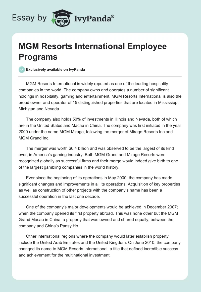 MGM Resorts International Employee Programs. Page 1