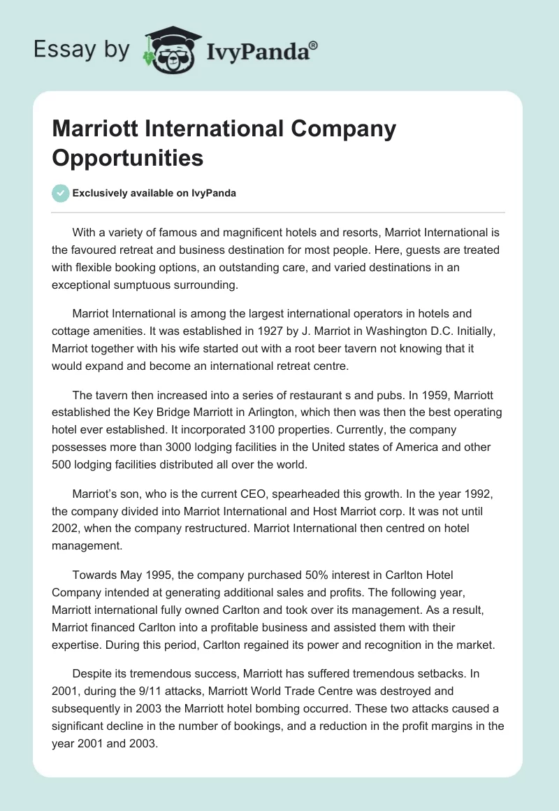 Marriott International Company Opportunities. Page 1