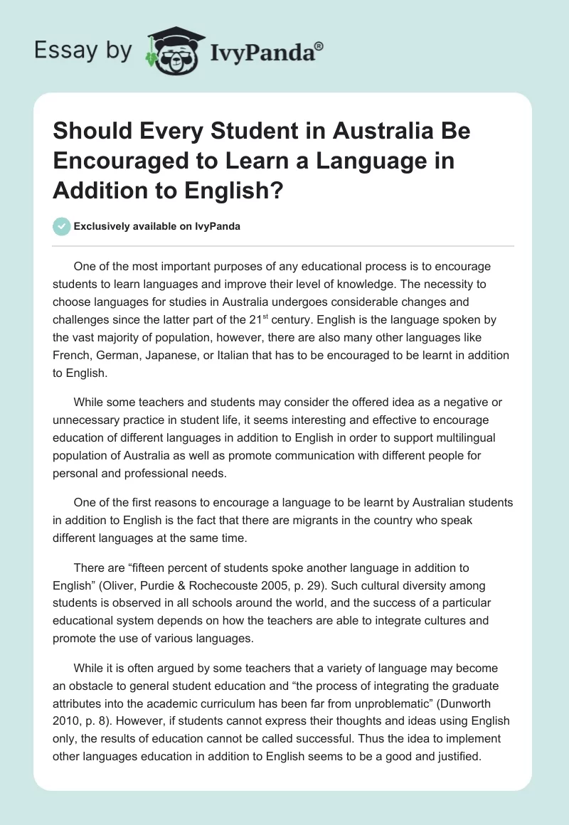 Should Every Student in Australia Be Encouraged to Learn a Language in Addition to English?. Page 1