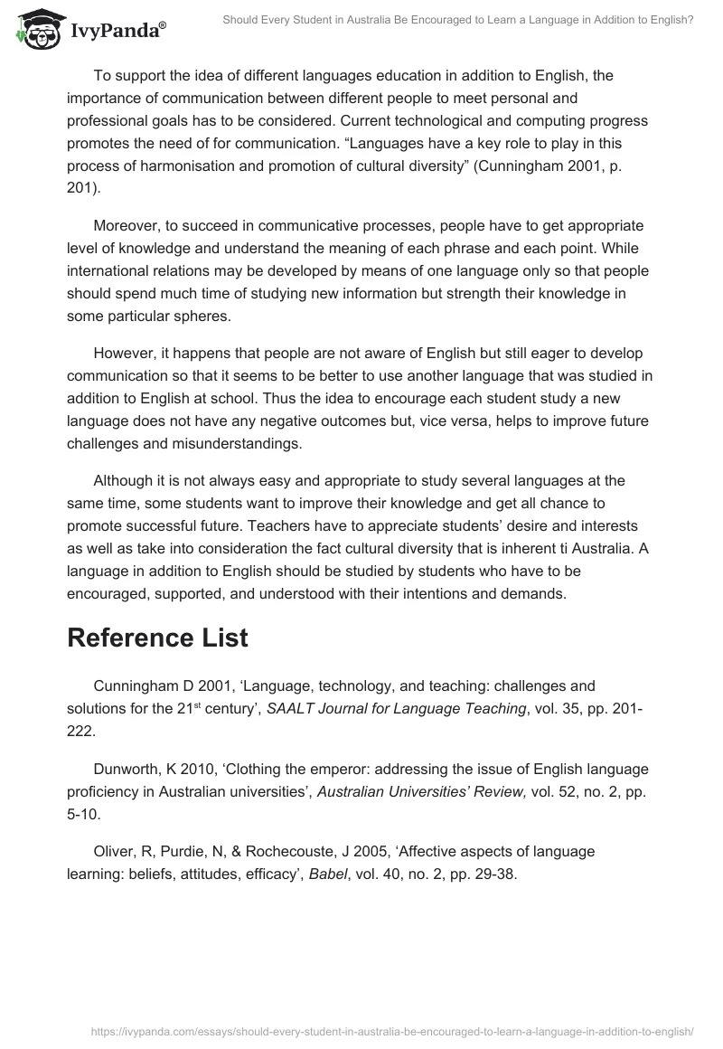 Should Every Student in Australia Be Encouraged to Learn a Language in Addition to English?. Page 2