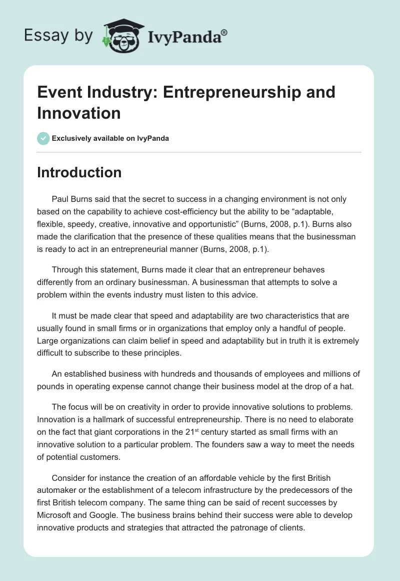 Event Industry: Entrepreneurship and Innovation. Page 1