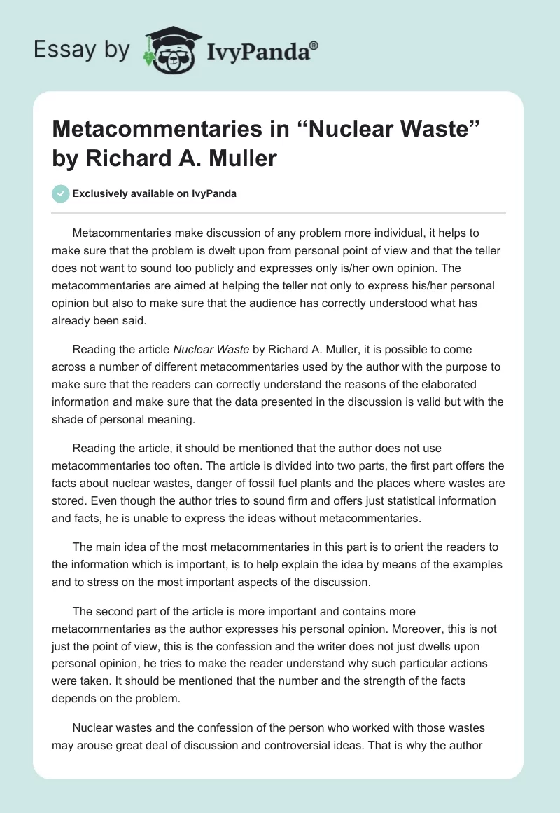 Metacommentaries in “Nuclear Waste” by Richard A. Muller. Page 1