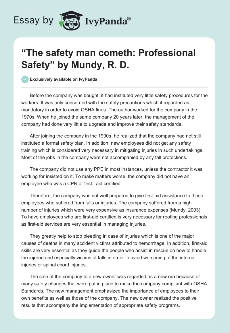 “The safety man cometh: Professional Safety” by Mundy, R. D.. Page 1