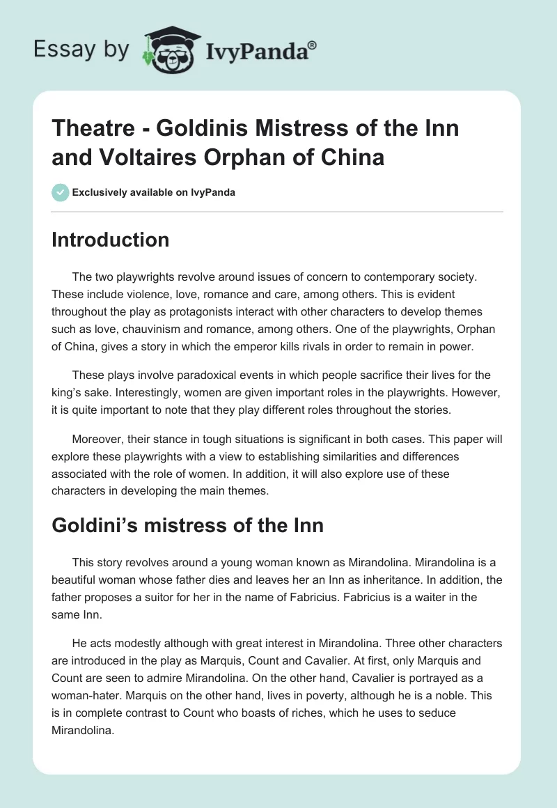 Theatre - Goldinis Mistress of the Inn and Voltaires Orphan of China. Page 1