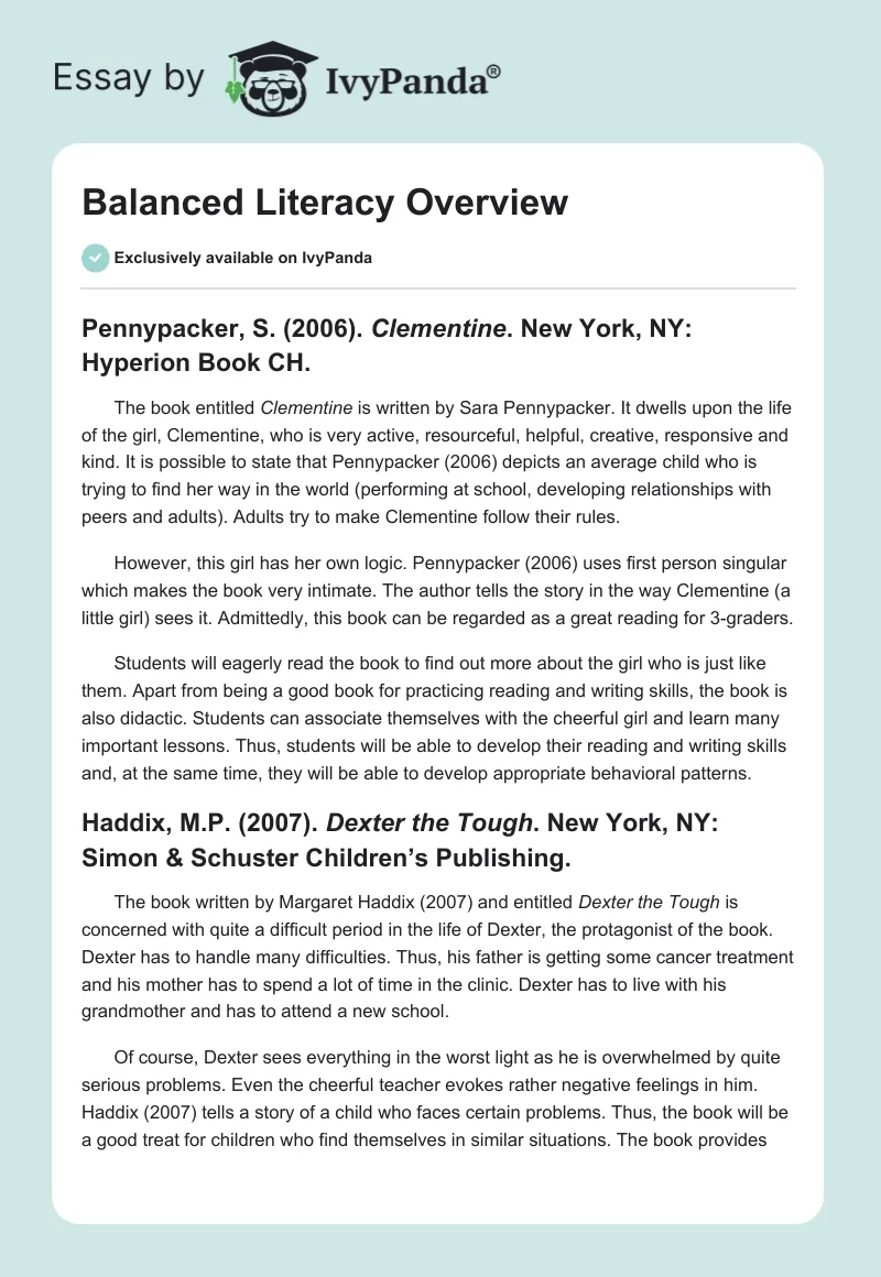 Balanced Literacy Overview. Page 1