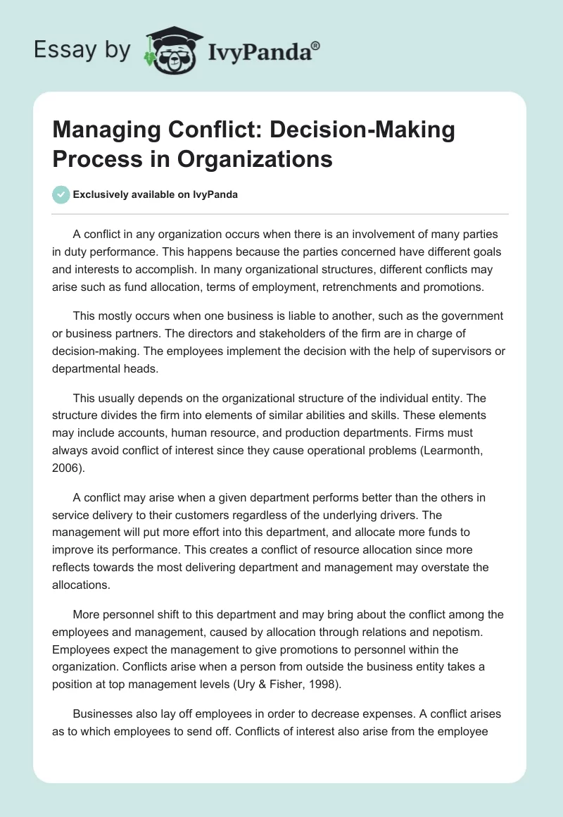 Managing Conflict: Decision-Making Process in Organizations. Page 1