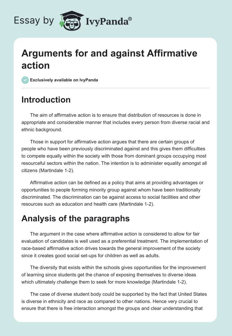 Arguments for and against Affirmative action. Page 1