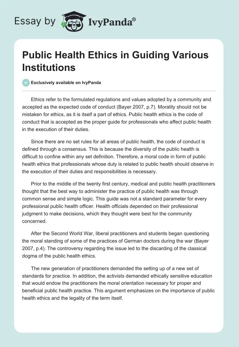 Public Health Ethics in Guiding Various Institutions. Page 1