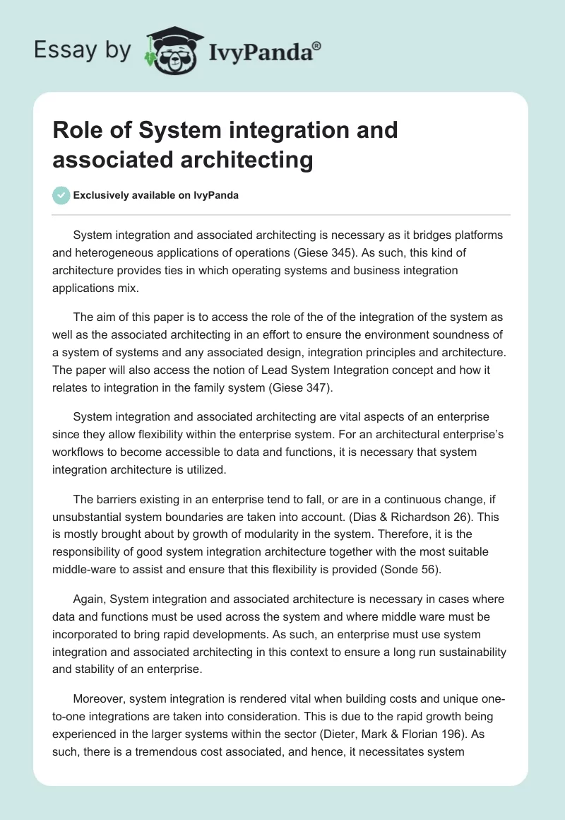 Role of System integration and associated architecting. Page 1