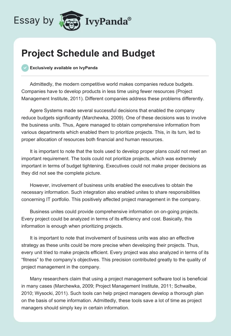 Project Schedule and Budget. Page 1