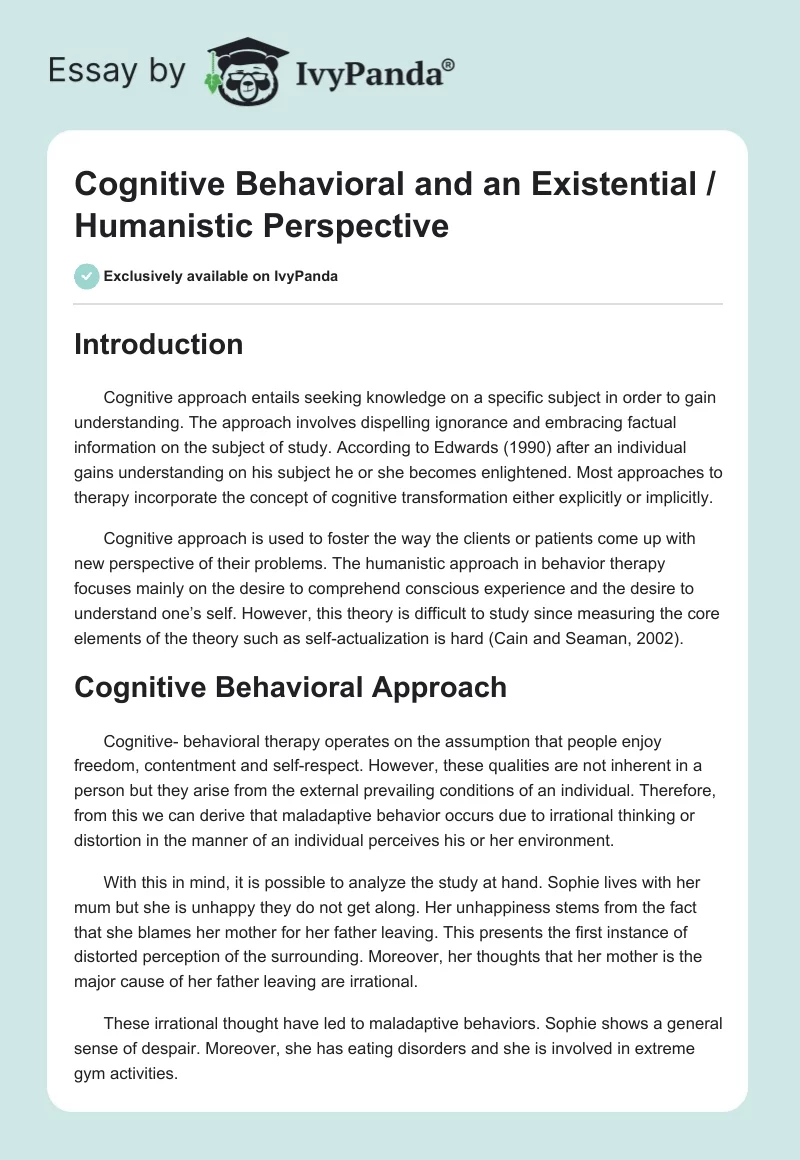 Cognitive Behavioral and an Existential / Humanistic Perspective. Page 1