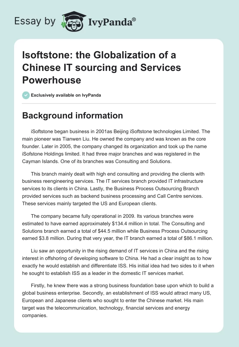 Isoftstone: the Globalization of a Chinese IT sourcing and Services Powerhouse. Page 1
