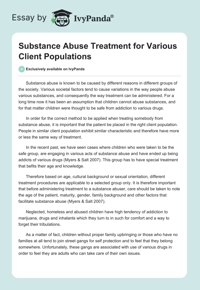 Substance Abuse Treatment for Various Client Populations. Page 1
