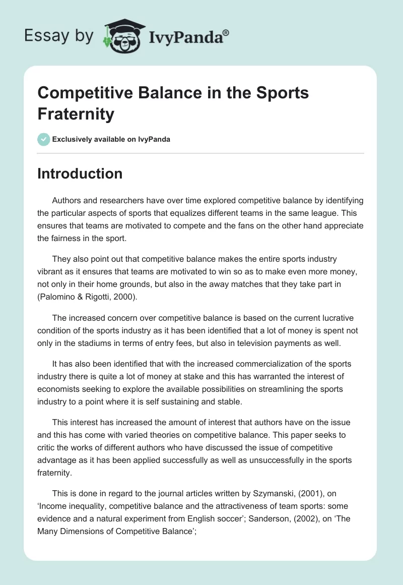 Competitive Balance in the Sports Fraternity. Page 1