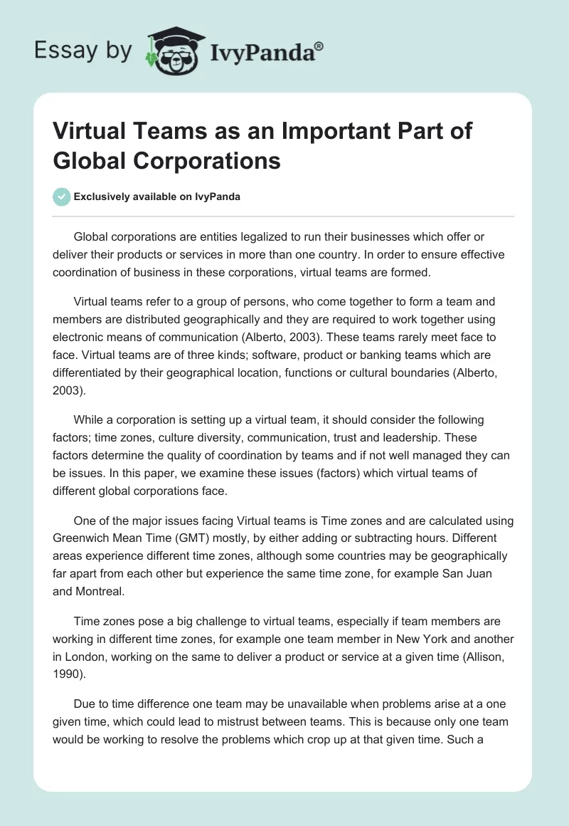 Virtual Teams as an Important Part of Global Corporations. Page 1