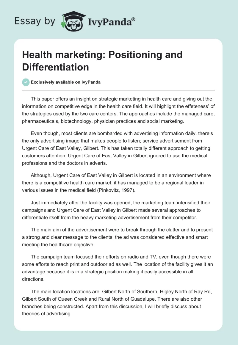 Health marketing: Positioning and Differentiation. Page 1