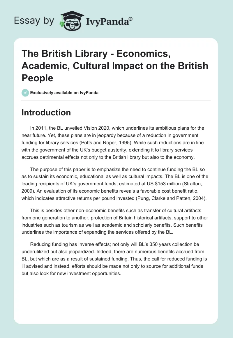 The British Library - Economics, Academic, Cultural Impact on the British People. Page 1