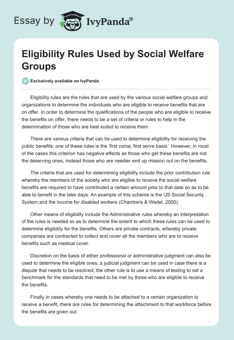 Eligibility Rules Used by Social Welfare Groups. Page 1