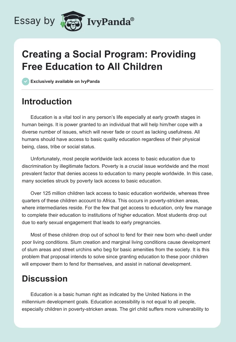 Creating a Social Program: Providing Free Education to All Children. Page 1