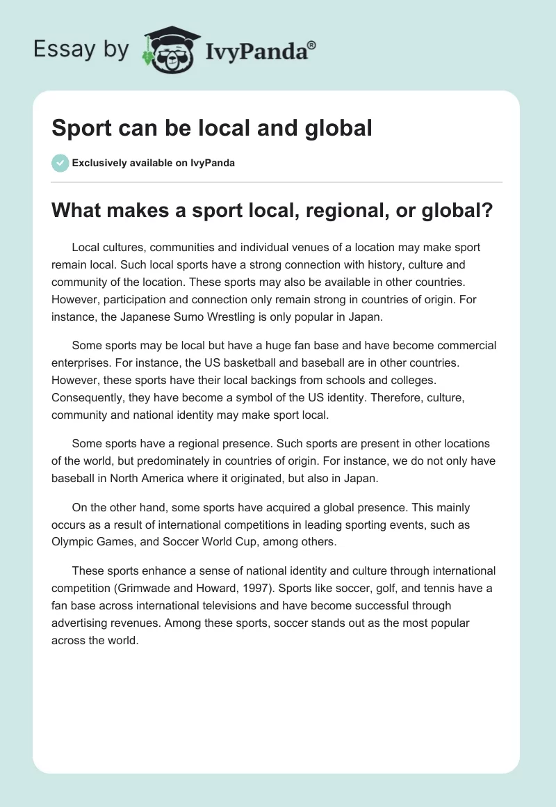 Sport can be local and global. Page 1