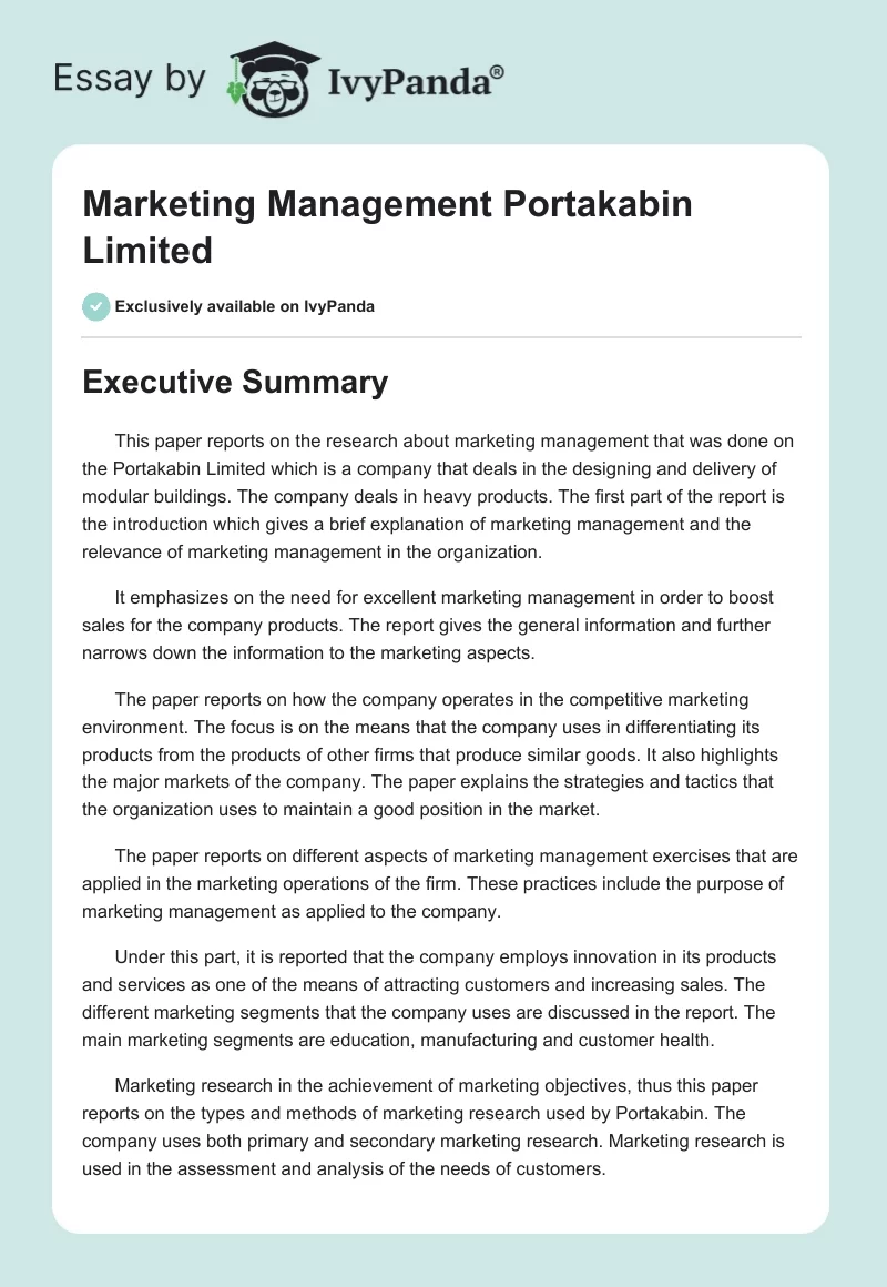 Marketing Management Portakabin Limited. Page 1
