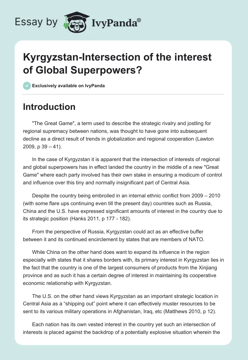 Kyrgyzstan-Intersection of the interest of Global Superpowers?. Page 1