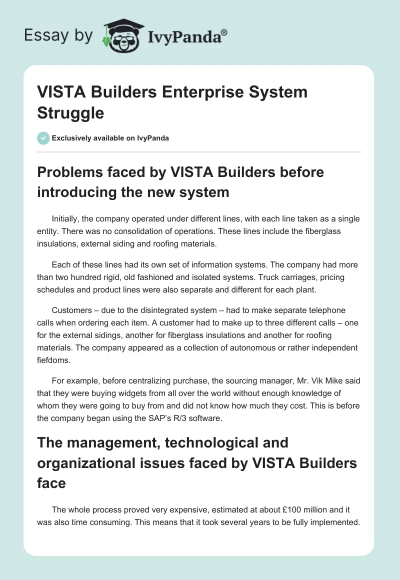 VISTA Builders Enterprise System Struggle. Page 1