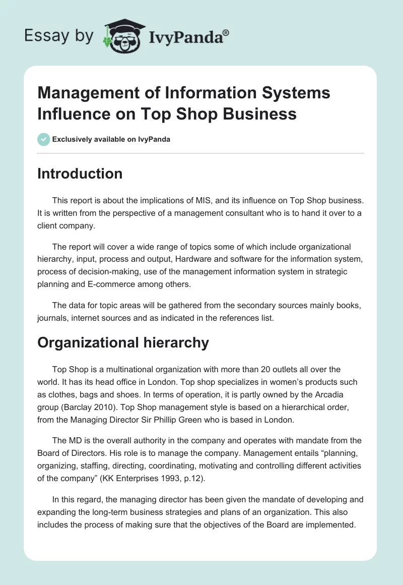 Management of Information Systems Influence on Top Shop Business. Page 1