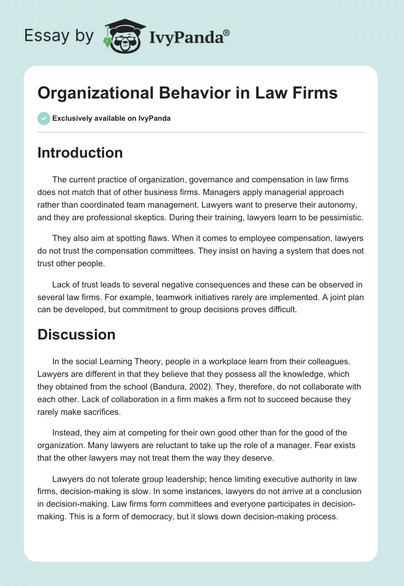 Organizational Behavior in Law Firms. Page 1
