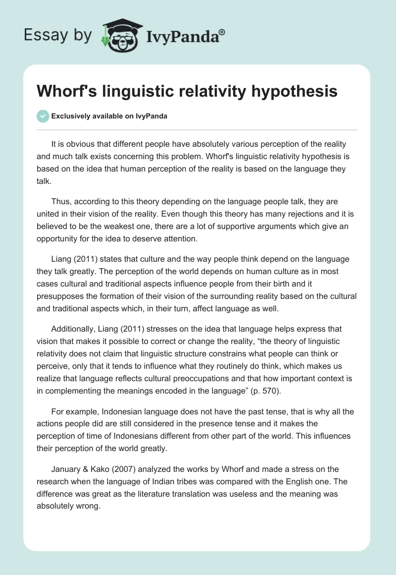 Whorf's linguistic relativity hypothesis. Page 1