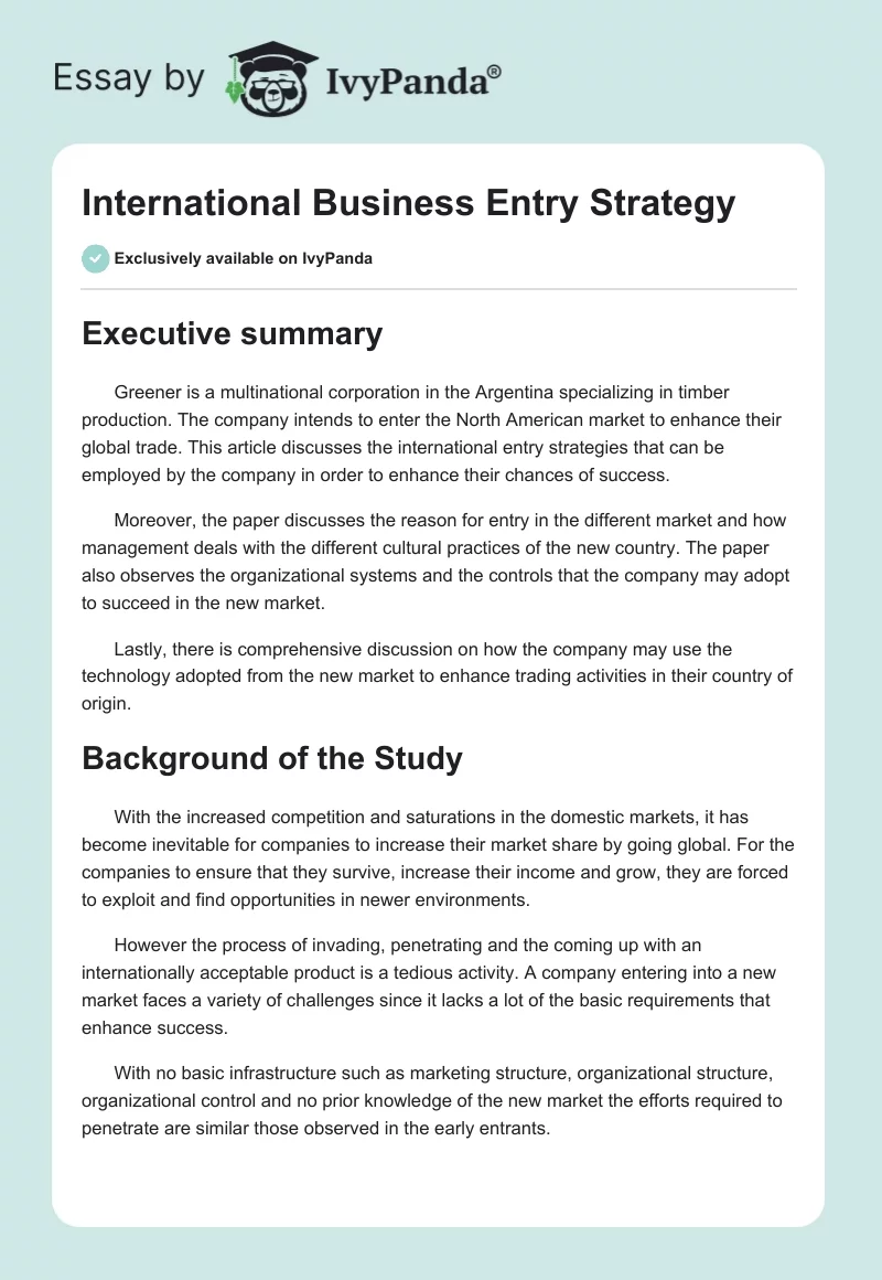 International Business Entry Strategy. Page 1