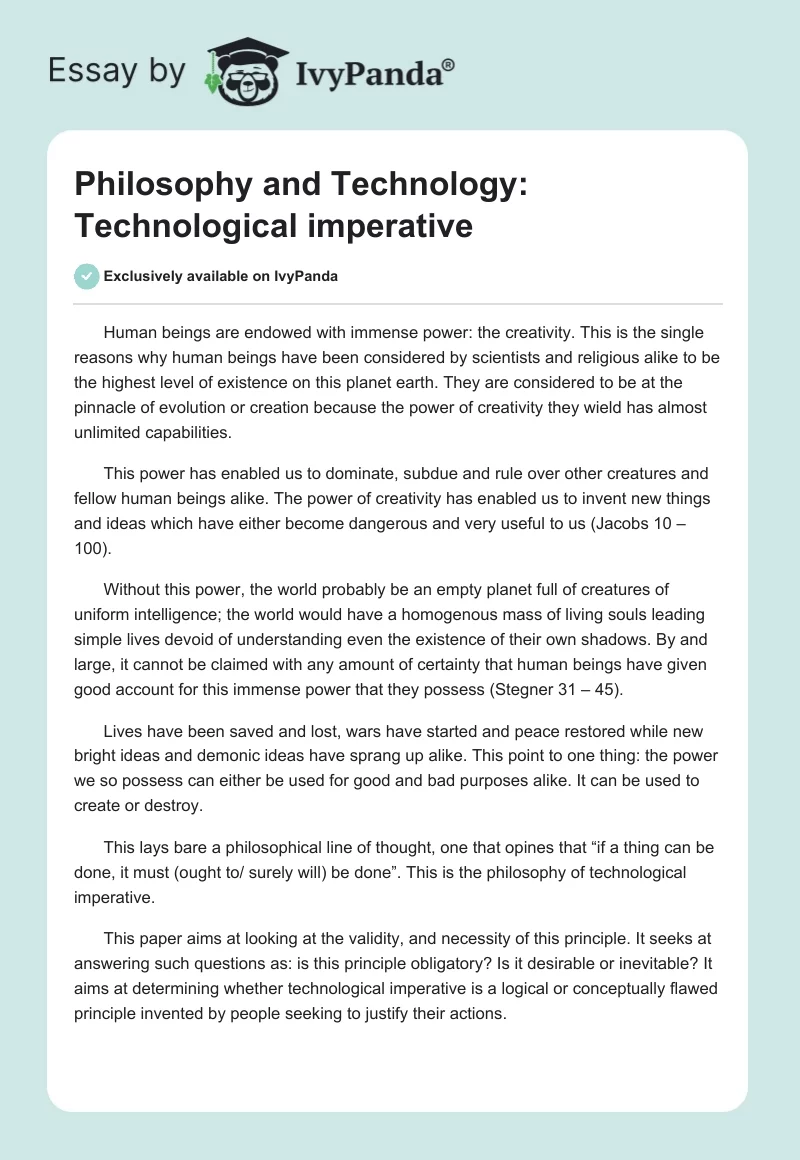 Philosophy and Technology: Technological imperative. Page 1