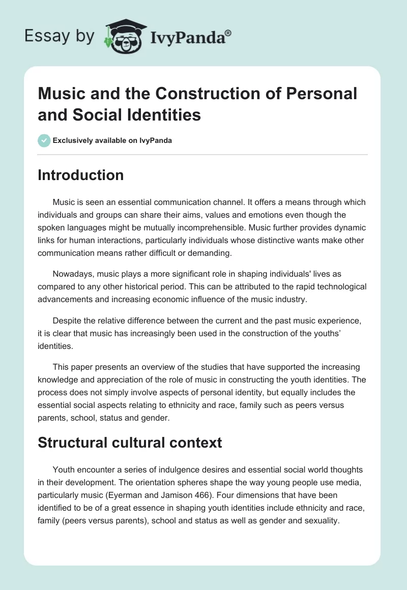 Music and the Construction of Personal and Social Identities. Page 1