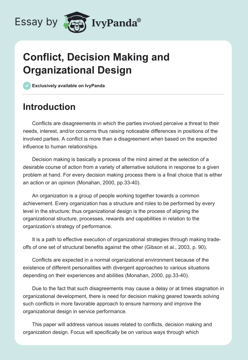 Conflict, Decision Making and Organizational Design. Page 1