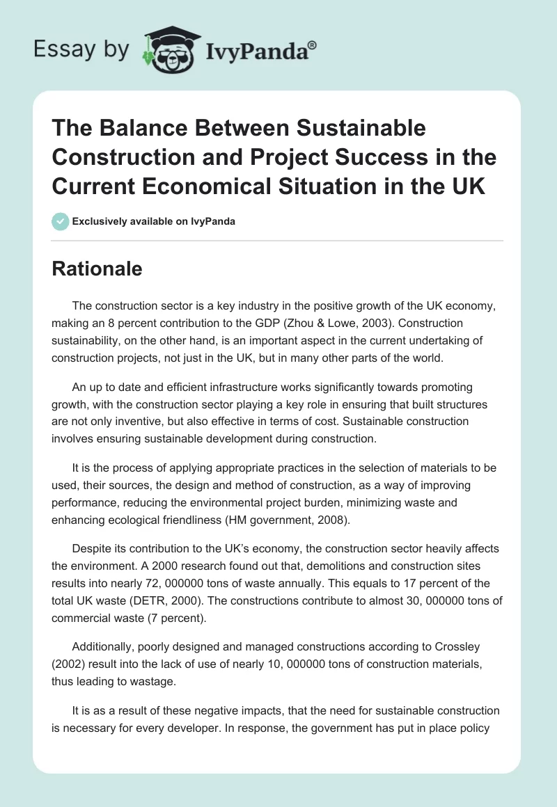 The Balance Between Sustainable Construction and Project Success in the Current Economical Situation in the UK. Page 1