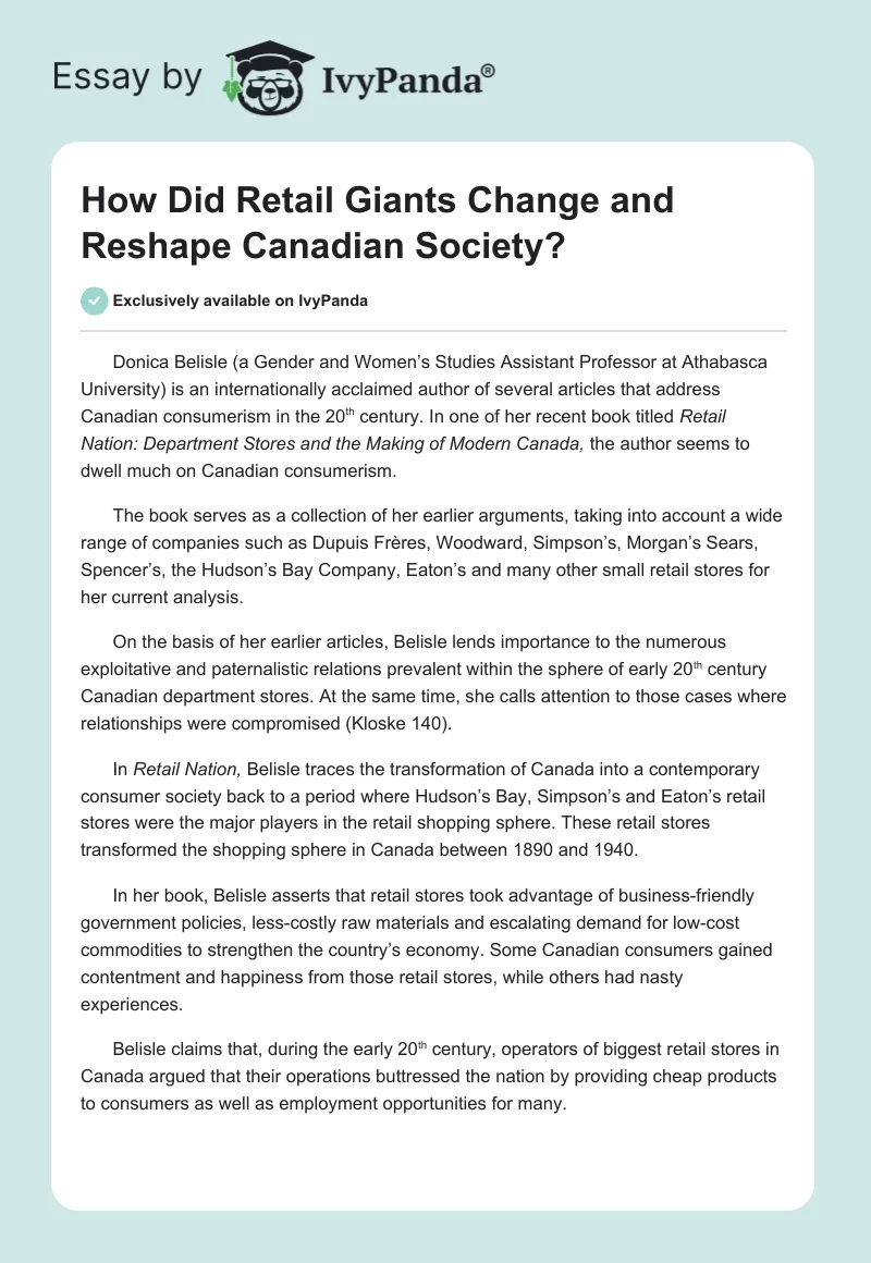 How Did Retail Giants Change and Reshape Canadian Society?. Page 1