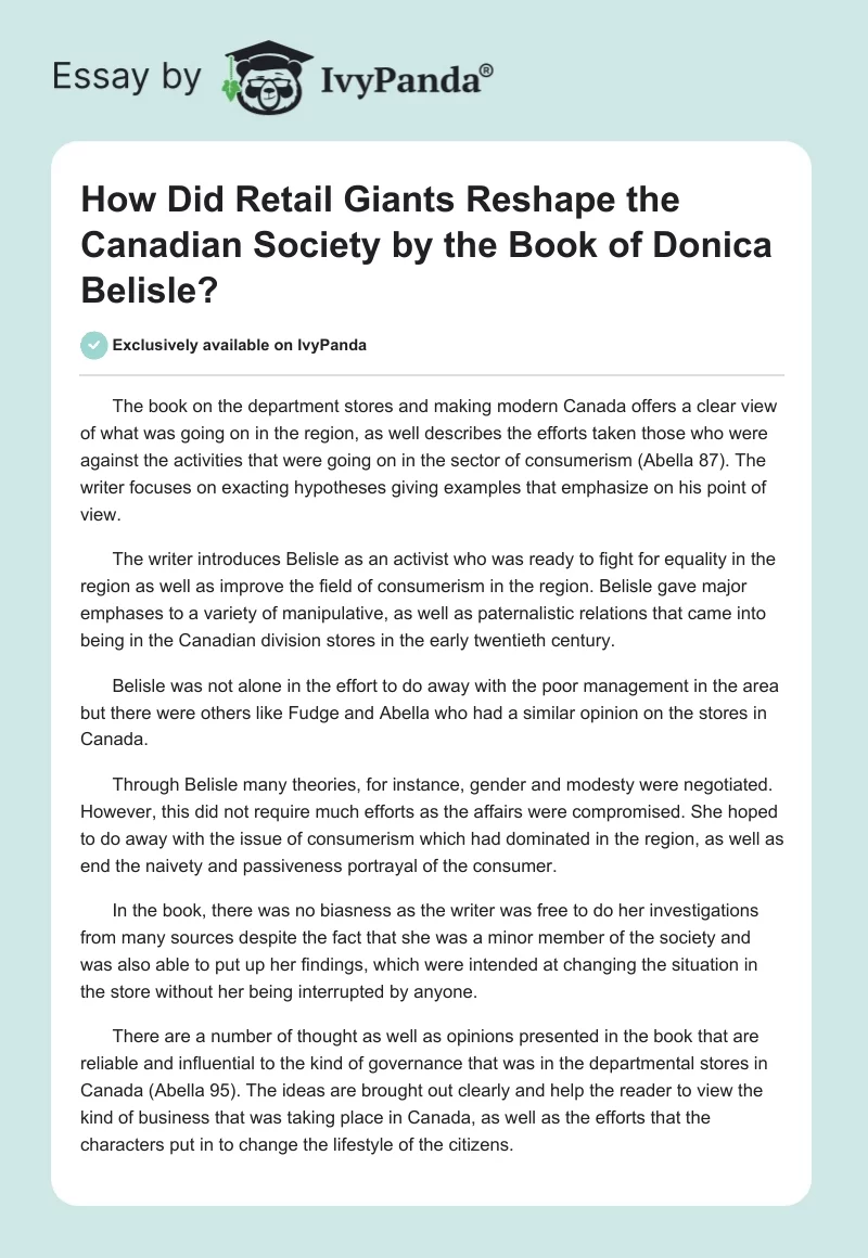 How Did Retail Giants Reshape the Canadian Society by the Book of Donica Belisle?. Page 1
