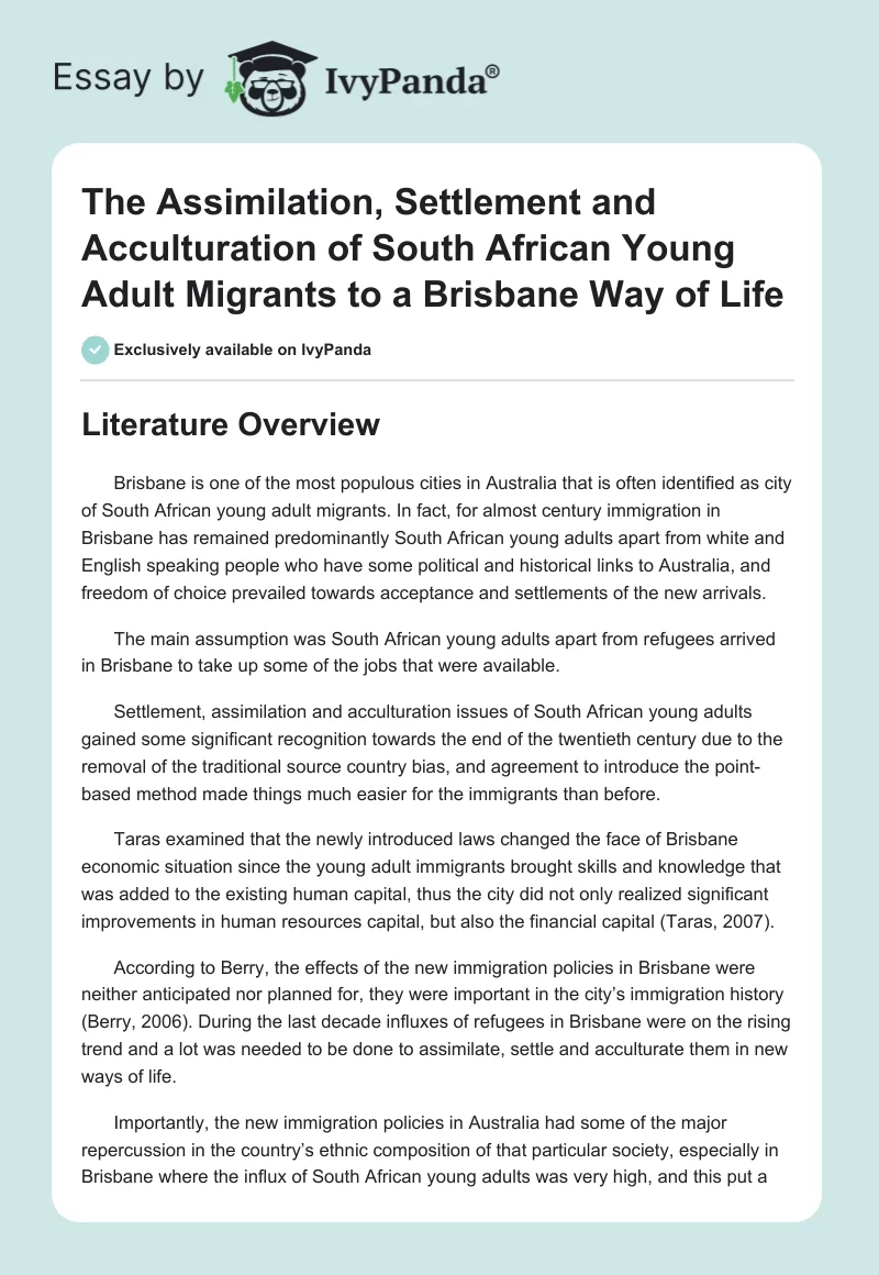 The Assimilation, Settlement and Acculturation of South African Young Adult Migrants to a Brisbane Way of Life. Page 1