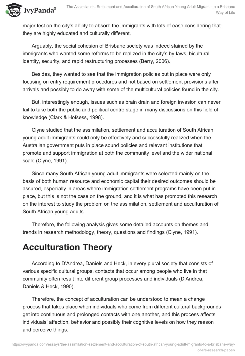 The Assimilation, Settlement and Acculturation of South African Young Adult Migrants to a Brisbane Way of Life. Page 2